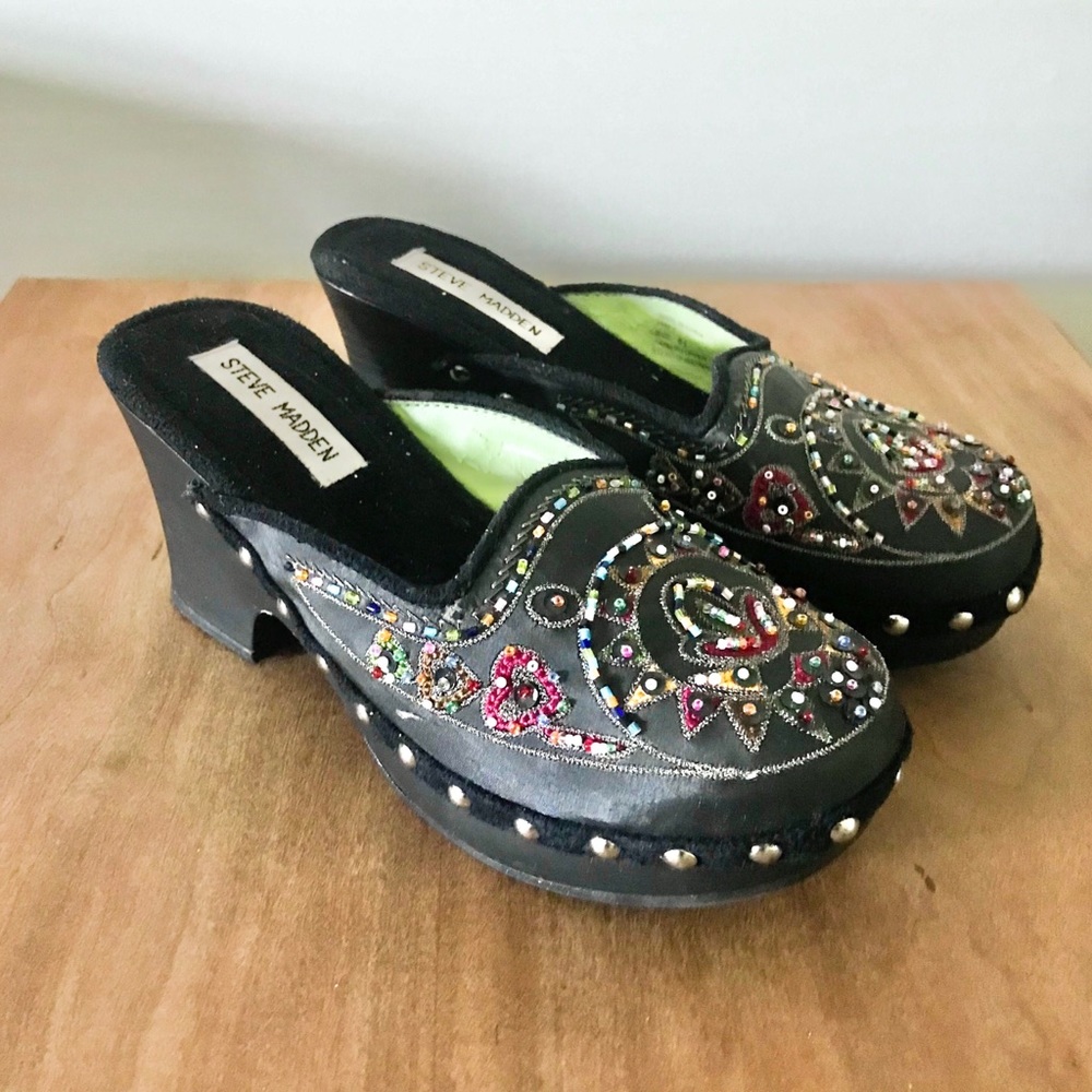 Steve Madden Firey Black Beaded Satin Clogs Mules 6.5
